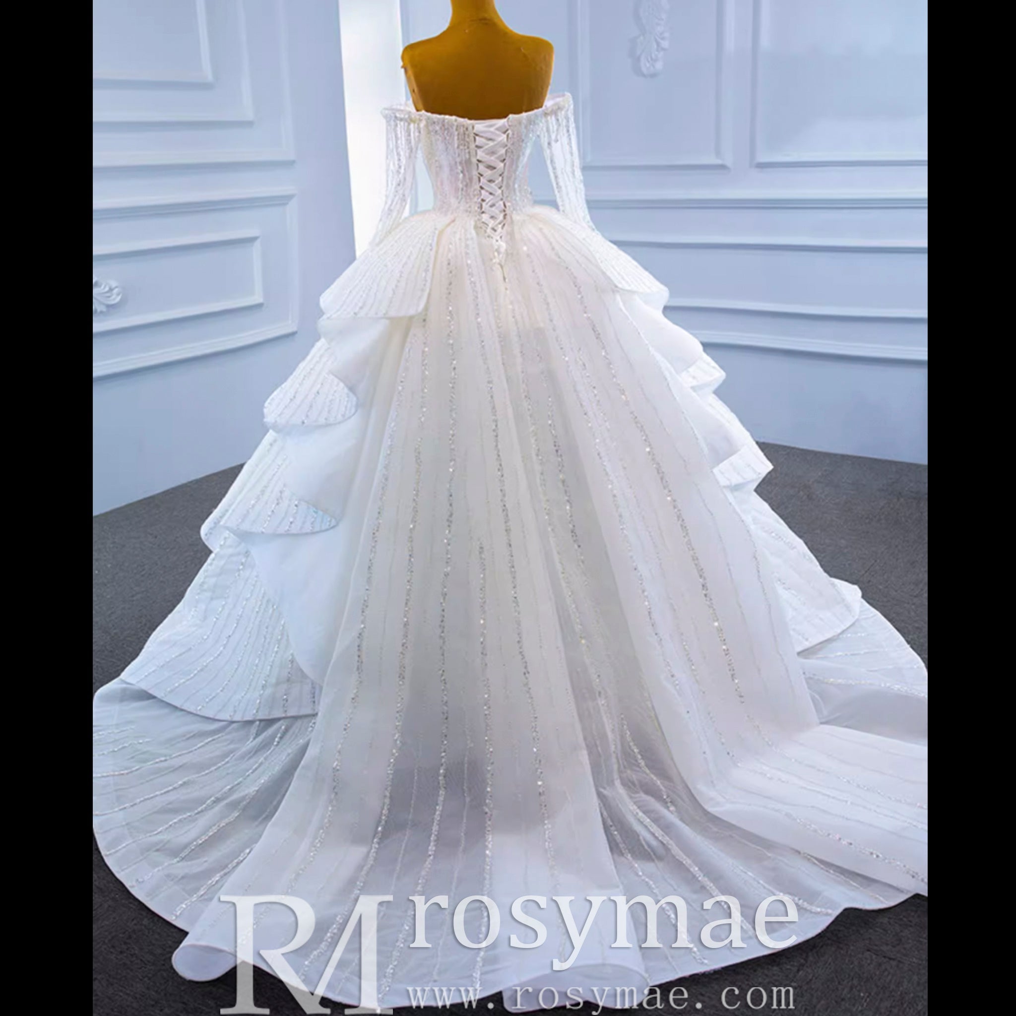 Beaded Ball Gown Long Sleeve Wedding Dress with Off the Shoulder - Rosymae