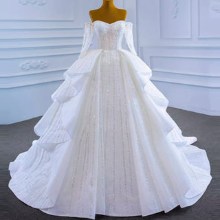 Beaded Ball Gown Long Sleeve Wedding Dress with Off the Shoulder - Rosymae