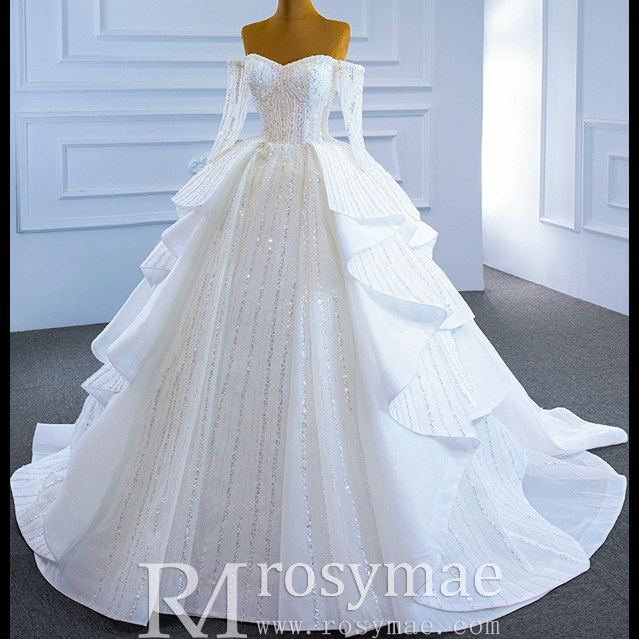 Beaded Ball Gown Long Sleeve Wedding Dress with Off the Shoulder - Rosymae