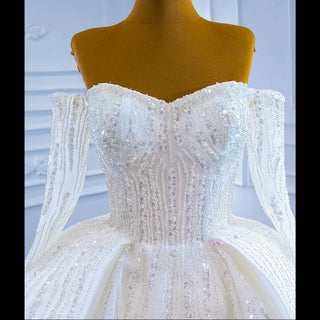 Beaded Ball Gown Long Sleeve Wedding Dress with Off the Shoulder - Rosymae