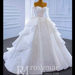 Beaded Ball Gown Long Sleeve Wedding Dress with Off the Shoulder - Rosymae
