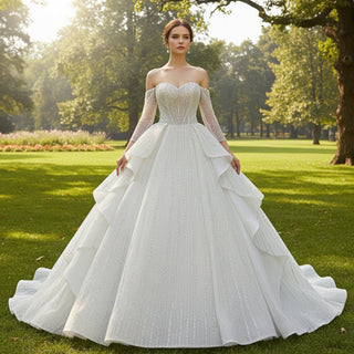 Beaded Ball Gown Long Sleeve Wedding Dress with Off the Shoulder - Rosymae