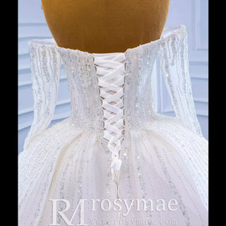 Beaded Ball Gown Long Sleeve Wedding Dress with Off the Shoulder - Rosymae