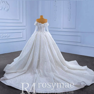 Beaded Ball Gown Wedding Dress with Off-Shoulder Long Sleeves - Rosymae