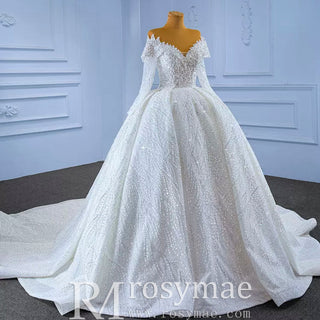 Beaded Ball Gown Wedding Dress with Off-Shoulder Long Sleeves - Rosymae