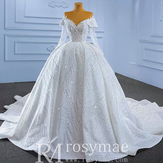 Beaded Ball Gown Wedding Dress with Off-Shoulder Long Sleeves - Rosymae