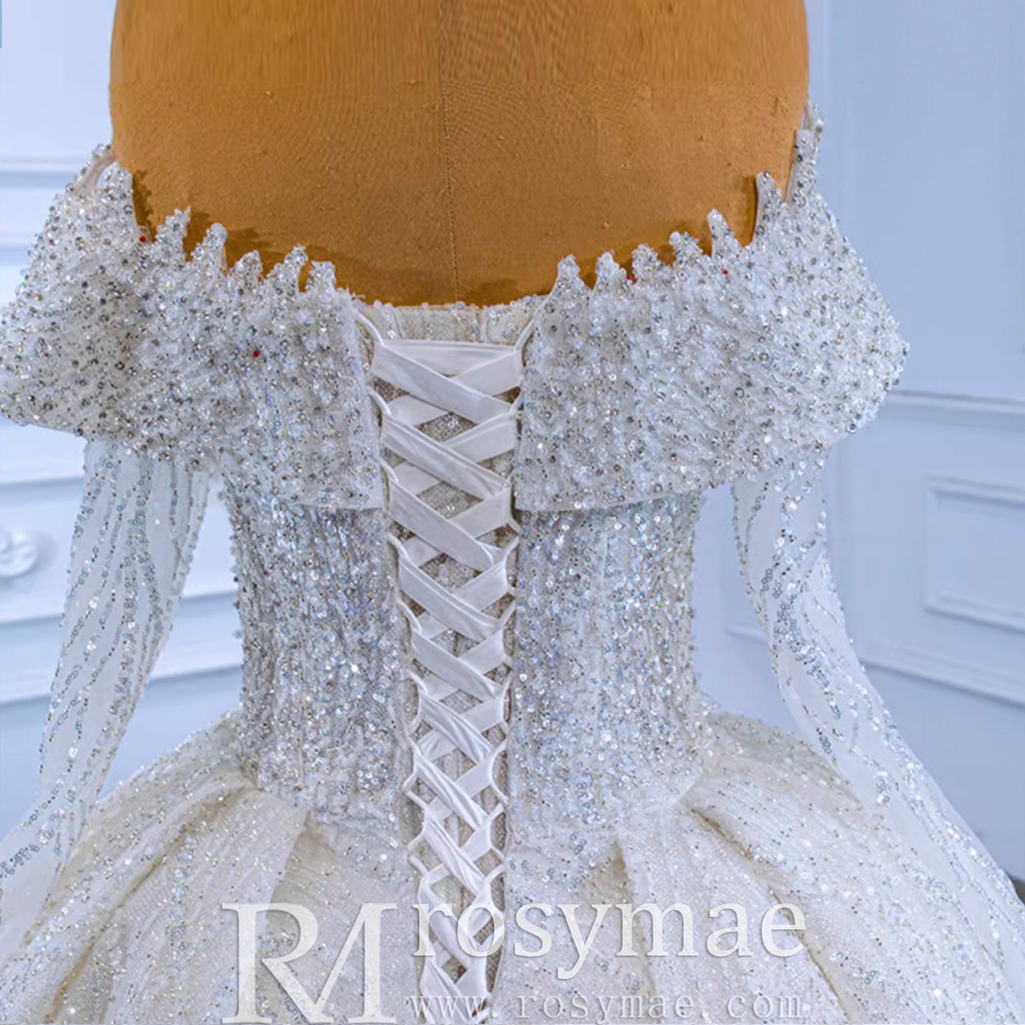 Beaded Ball Gown Wedding Dress with Off-Shoulder Long Sleeves - Rosymae