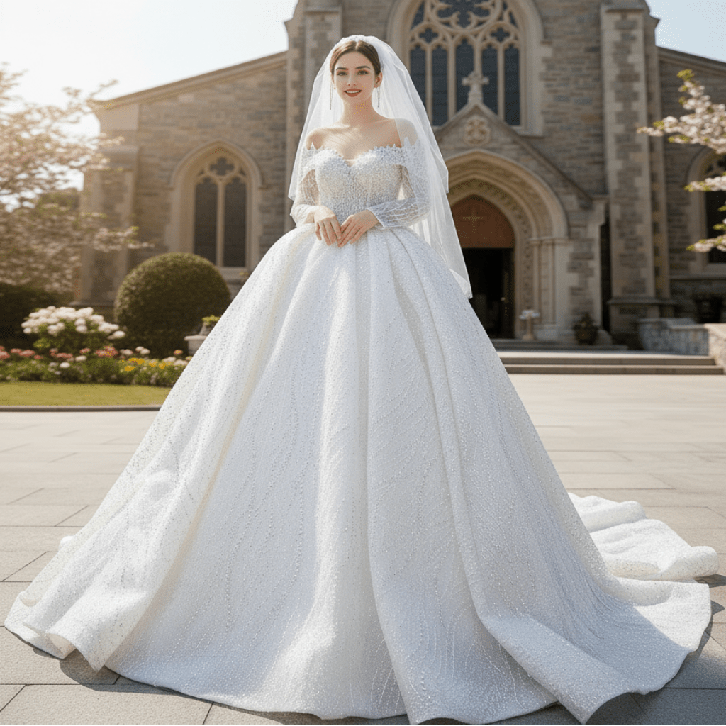 Beaded Ball Gown Wedding Dress with Off-Shoulder Long Sleeves - Rosymae