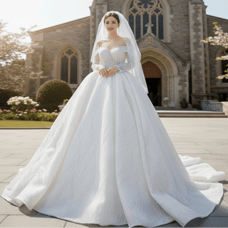 Beaded Ball Gown Wedding Dress with Off-Shoulder Long Sleeves - Rosymae