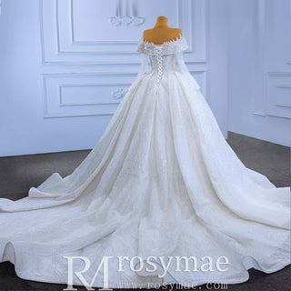 Beaded Ball Gown Wedding Dress with Off-Shoulder Long Sleeves - Rosymae