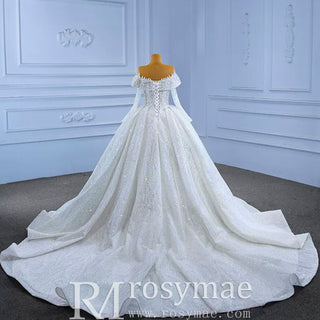 Beaded Ball Gown Wedding Dress with Off-Shoulder Long Sleeves - Rosymae