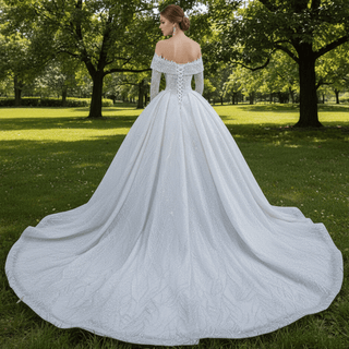 Beaded Ball Gown Wedding Dress with Off-Shoulder Long Sleeves - Rosymae