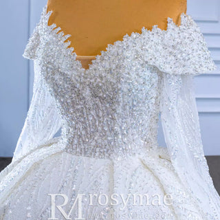 Beaded Ball Gown Wedding Dress with Off-Shoulder Long Sleeves - Rosymae