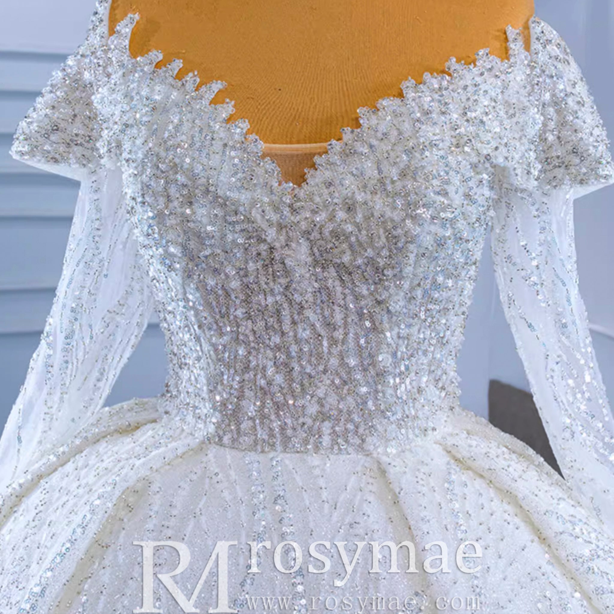 Beaded Ball Gown Wedding Dress with Off-Shoulder Long Sleeves - Rosymae