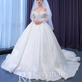 Beaded Ball Gown Wedding Dress with Off-Shoulder Long Sleeves - Rosymae
