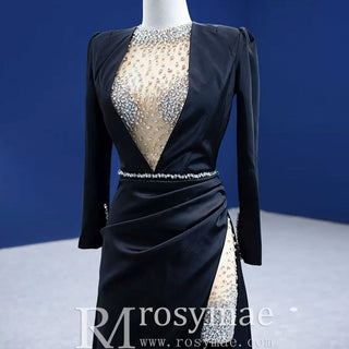 Beaded Black Satin Sheath Formal Prom Dress with Long Sleeve - Rosymae