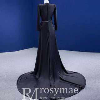 Beaded Black Satin Sheath Formal Prom Dress with Long Sleeve - Rosymae