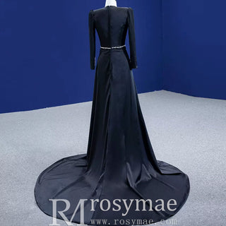Beaded Black Satin Sheath Formal Prom Dress with Long Sleeve - Rosymae