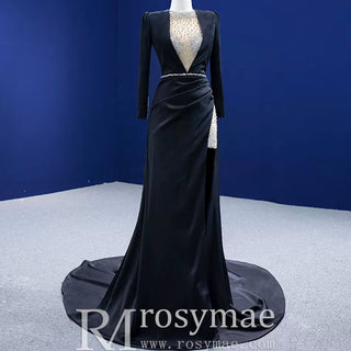 Beaded Black Satin Sheath Formal Prom Dress with Long Sleeve - Rosymae