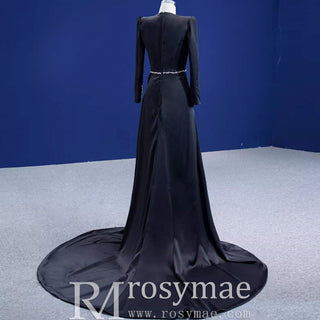 Beaded Black Satin Sheath Formal Prom Dress with Long Sleeve - Rosymae
