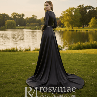 Beaded Black Satin Sheath Formal Prom Dress with Long Sleeve - Rosymae
