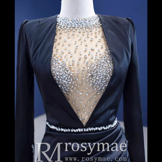 Beaded Black Satin Sheath Formal Prom Dress with Long Sleeve - Rosymae