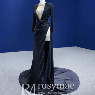 Beaded Black Satin Sheath Formal Prom Dress with Long Sleeve - Rosymae