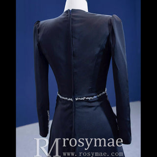Beaded Black Satin Sheath Formal Prom Dress with Long Sleeve - Rosymae