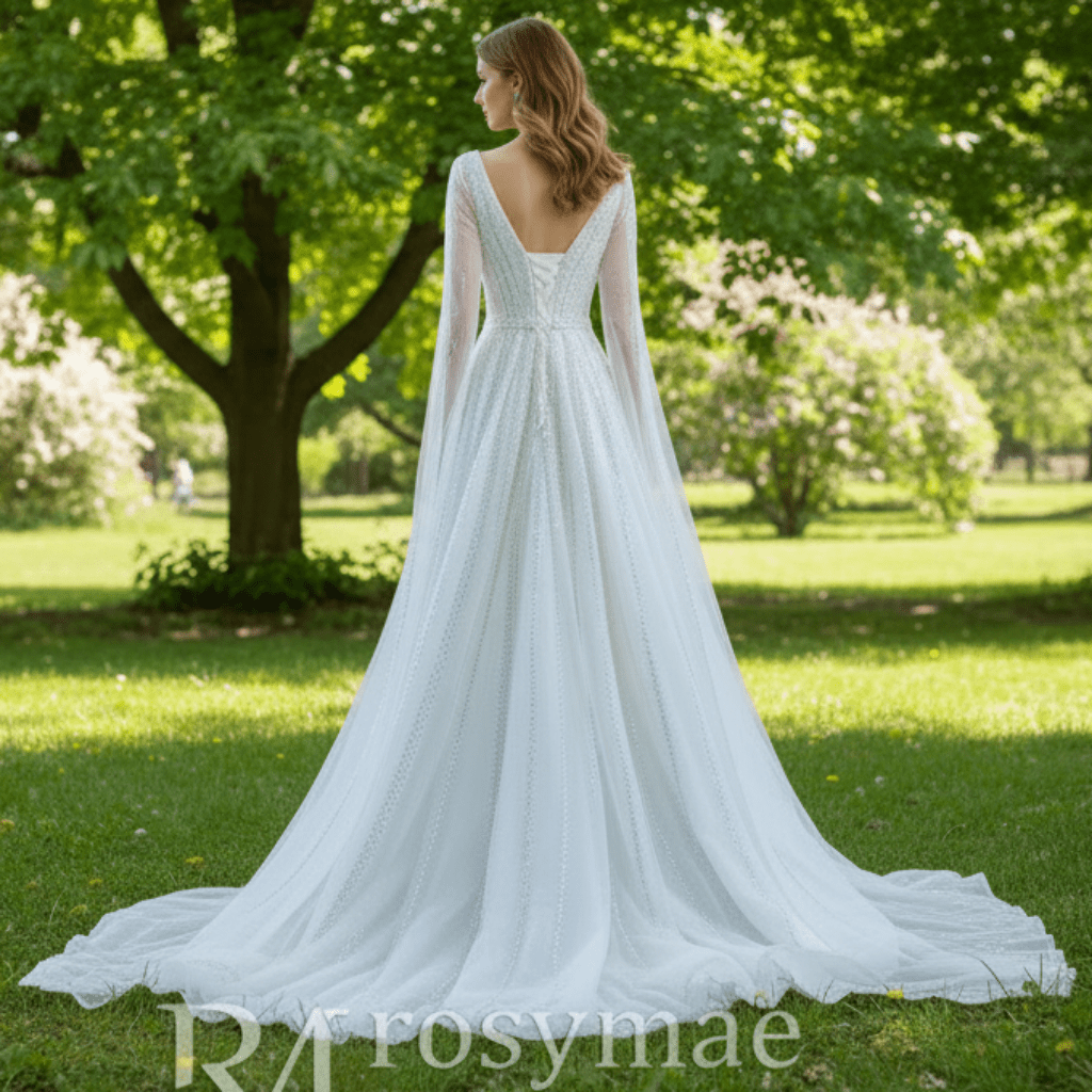 Beaded Cape Sleeve Wedding Dress V-neck Bridal Gown with Vneck - Rosymae