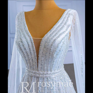 Beaded Cape Sleeve Wedding Dress V-neck Bridal Gown with Vneck - Rosymae