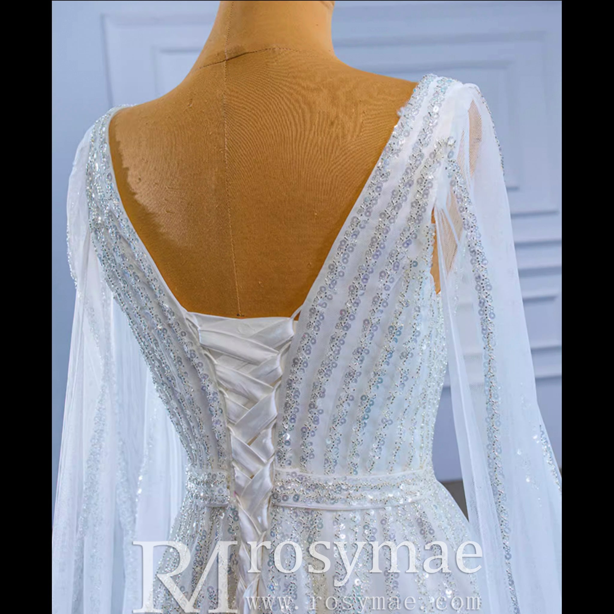 Beaded Cape Sleeve Wedding Dress V-neck Bridal Gown with Vneck - Rosymae