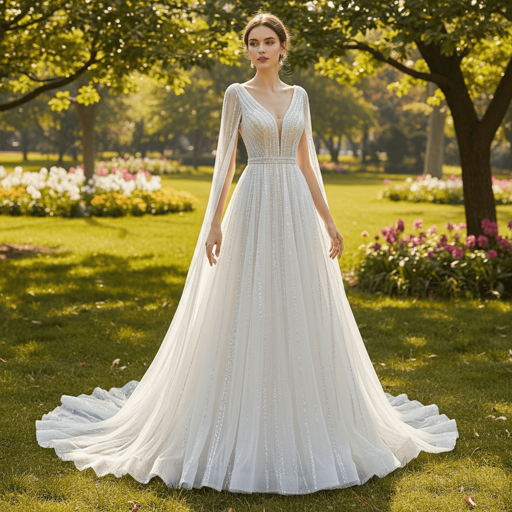 Beaded Cape Sleeve Wedding Dress V-neck Bridal Gown with Vneck - Rosymae