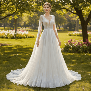 Beaded Cape Sleeve Wedding Dress V-neck Bridal Gown with Vneck - Rosymae
