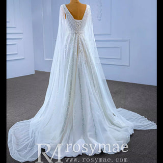 Beaded Cape Sleeve Wedding Dress V-neck Bridal Gown with Vneck - Rosymae