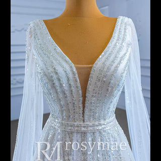 Beaded Cape Sleeve Wedding Dress V-neck Bridal Gown with Vneck - Rosymae