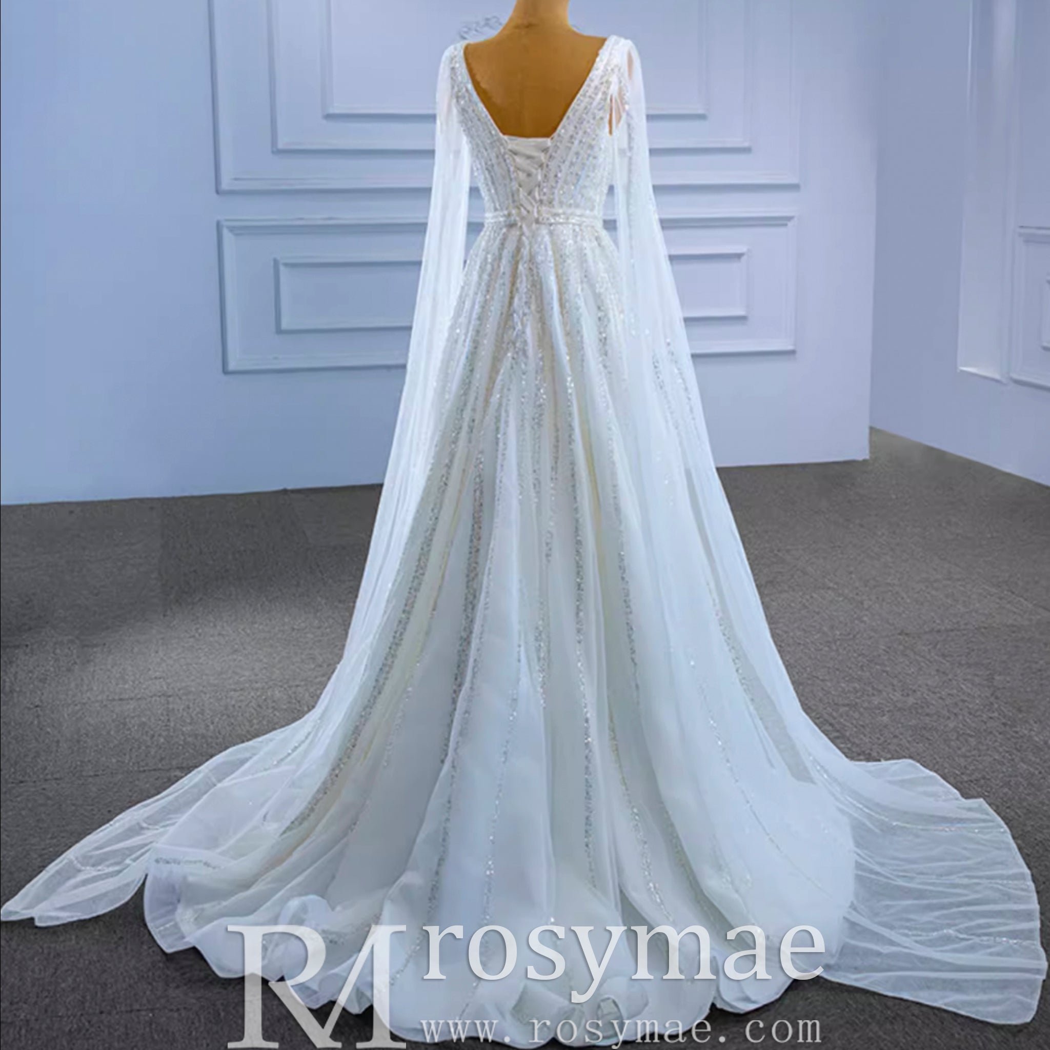 Beaded Cape Sleeve Wedding Dress V-neck Bridal Gown with Vneck - Rosymae