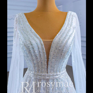 Beaded Cape Sleeve Wedding Dress V-neck Bridal Gown with Vneck - Rosymae