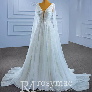 Beaded Cape Sleeve Wedding Dress V-neck Bridal Gown with Vneck - Rosymae
