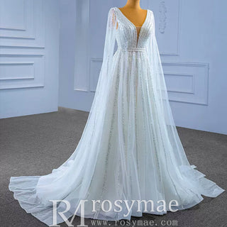 Beaded Cape Sleeve Wedding Dress V-neck Bridal Gown with Vneck - Rosymae