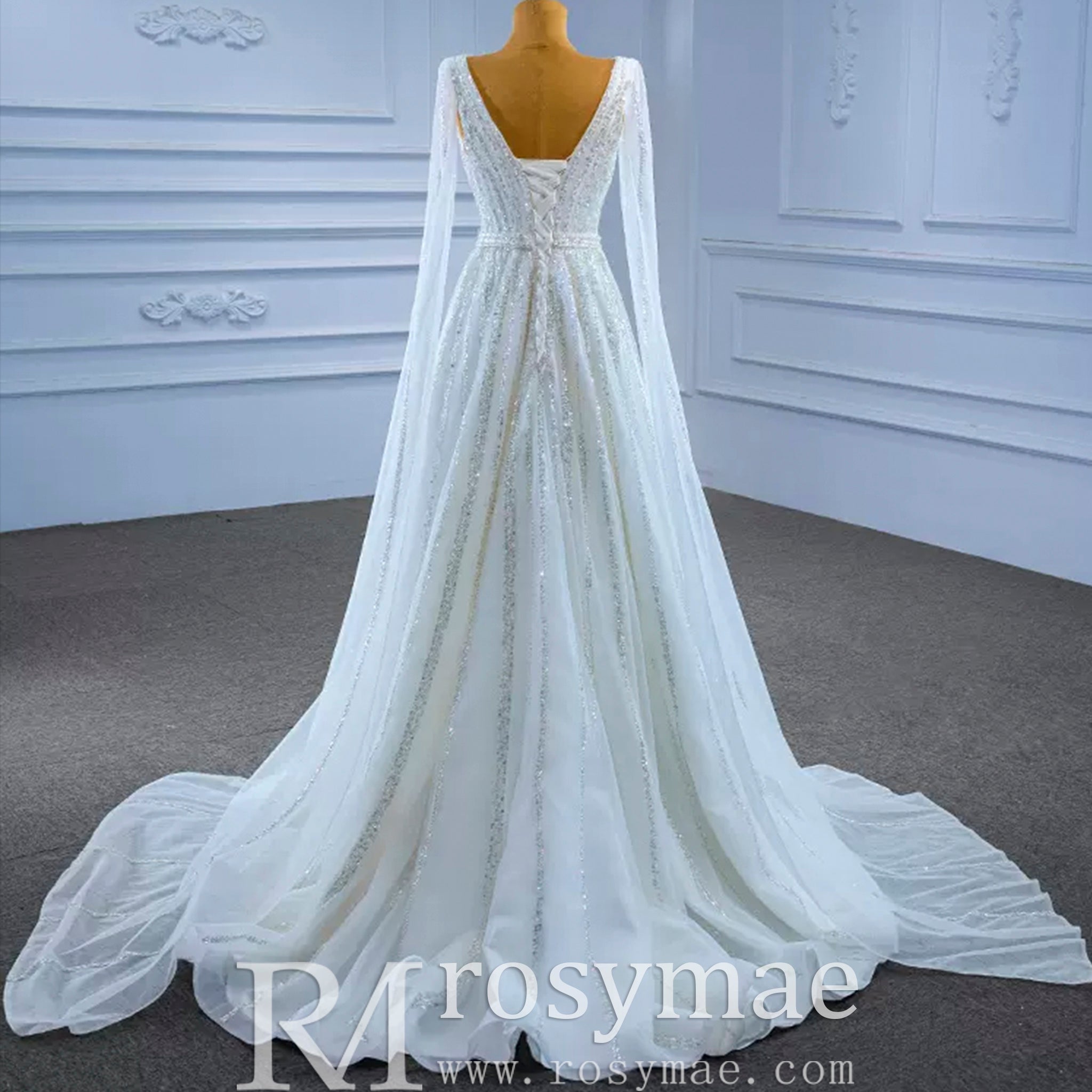 Beaded Cape Sleeve Wedding Dress V-neck Bridal Gown with Vneck - Rosymae