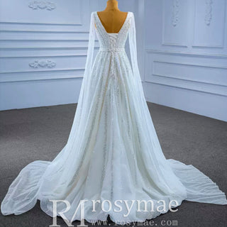 Beaded Cape Sleeve Wedding Dress V-neck Bridal Gown with Vneck - Rosymae