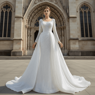 Beaded Fit and Flare Wedding Dress with Detachable Overskirt - Rosymae