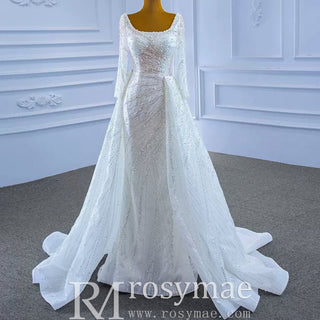 Beaded Fit and Flare Wedding Dress with Detachable Overskirt - Rosymae