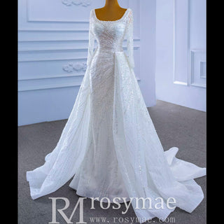 Beaded Fit and Flare Wedding Dress with Detachable Overskirt - Rosymae