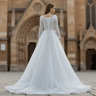 Beaded Fit and Flare Wedding Dress with Detachable Overskirt - Rosymae
