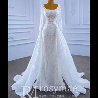 Beaded Fit and Flare Wedding Dress with Detachable Overskirt - Rosymae