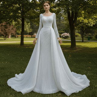 Beaded Fit and Flare Wedding Dress with Detachable Overskirt - Rosymae