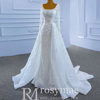 Beaded Fit and Flare Wedding Dress with Detachable Overskirt - Rosymae