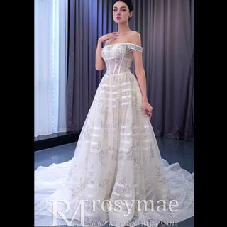 Beaded Floral Sheer Bodice Wedding Dress with Off the Shoulder - Rosymae
