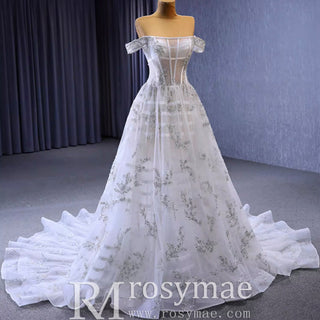 Beaded Floral Sheer Bodice Wedding Dress with Off the Shoulder - Rosymae